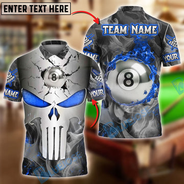 BlueJose Billiards 8 Ball Punisher Skull Metal Fire Personalized Name, Team Name Unisex Shirt (4 Colors)