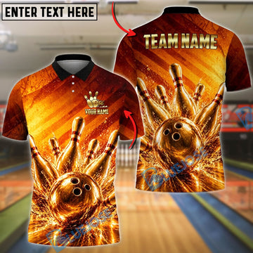 BlueJose Bowling Golden Strike Ball & Pins Explosion Customized Name, Team Name 3D Shirt (6 Colors)