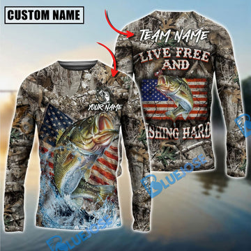 Bluejose Bass Fishing Patriotic Camo Live Free Custom Name & Team Name 3D Shirts