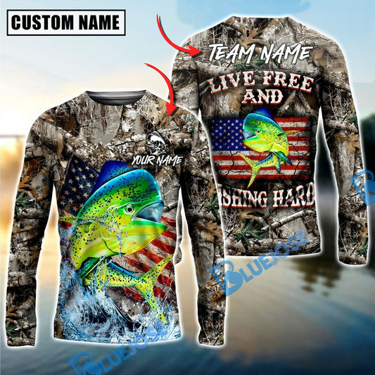 Bluejose Mahi-Mahi Fishing Patriotic Camo Live Free Custom Name & Team Name 3D Shirts