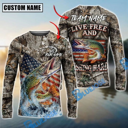 Bluejose Pike Fishing Patriotic Camo Live Free Custom Name & Team Name 3D Shirts