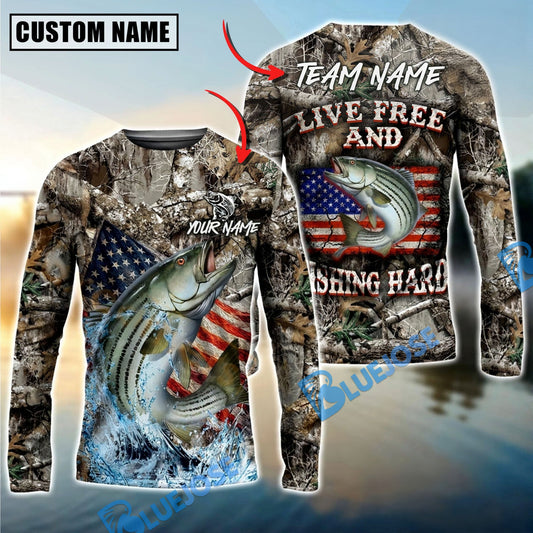 Bluejose Striped Bass Fishing Patriotic Camo Live Free Custom Name & Team Name 3D Shirts