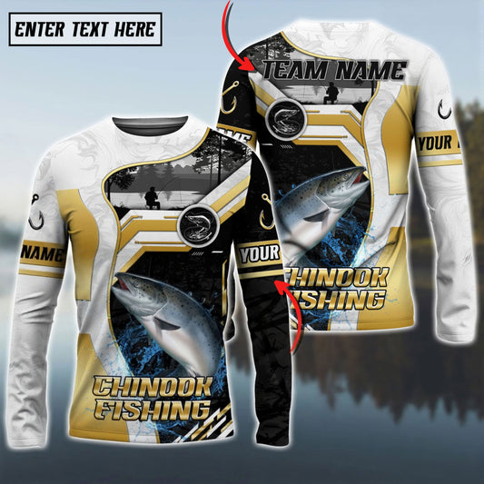 Bluejose Chinook Salmon Fishing Angler Gold White Custom Name & Team Name 3D Shirts