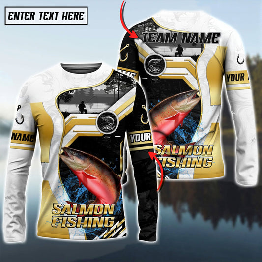 Bluejose Salmon Fishing Angler Gold White Custom Name & Team Name 3D Shirts