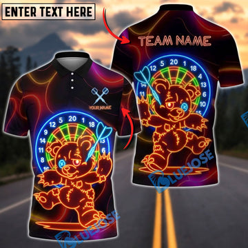 BlueJose Darts Neon Dartboard Bear Running Customized Name, Team Name 3D Shirt (4 Colors)