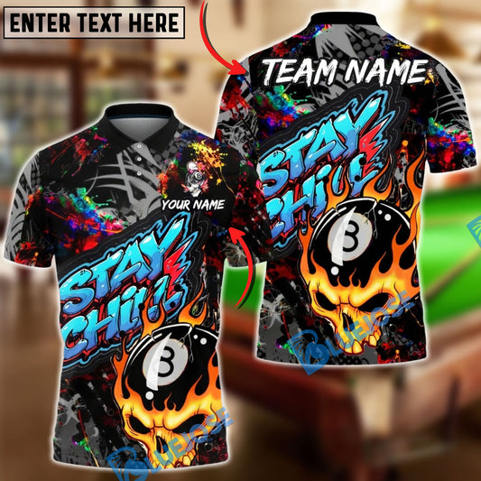 BlueJose Billiards 8-Ball Skull Flame Graffiti Stay Chill Customized Name, Team Name 3D Shirt (4 Colors)