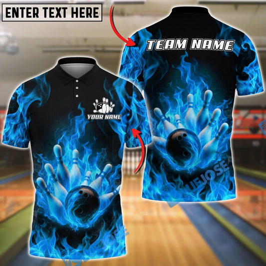 BlueJose Bowling And Pins Flaming Strike Burst Customized Name, Team Name 3D Shirt (4 Colors)