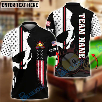 BlueJoses Billiards Ball 9 Punisher Skull Flame American Flag Customized Name, Team Name 3D Shirt