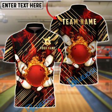 BlueJose Bowling & Pins Golden Diagonal Stripes Fire Customized Name, Team Name 3D Shirt (4 Colors)