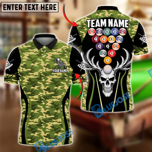BlueJose Billiards Ball 8 Camo Skull Rack Balls Dark Gothic Graphic Customized Name, Team Name 3D Shirt (6 Colors)
