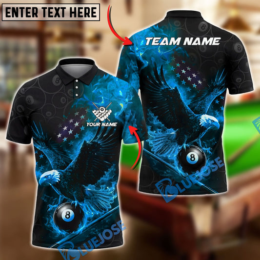 BlueJose Billiards 8 Ball Flaming Eagle American Flag Fire Pool Graphic Personalized Name Shirt (4 Colors)