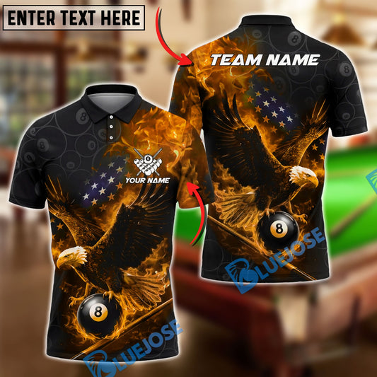 BlueJose Billiards 8 Ball Flaming Eagle American Flag Fire Pool Graphic Personalized Name Shirt (4 Colors)