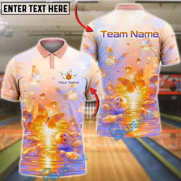 BlueJose Bowling And Pins Butterfly Dream Pastel Fantasy Glow Design Customized Name, Team Name 3D Shirt (4 Colors)