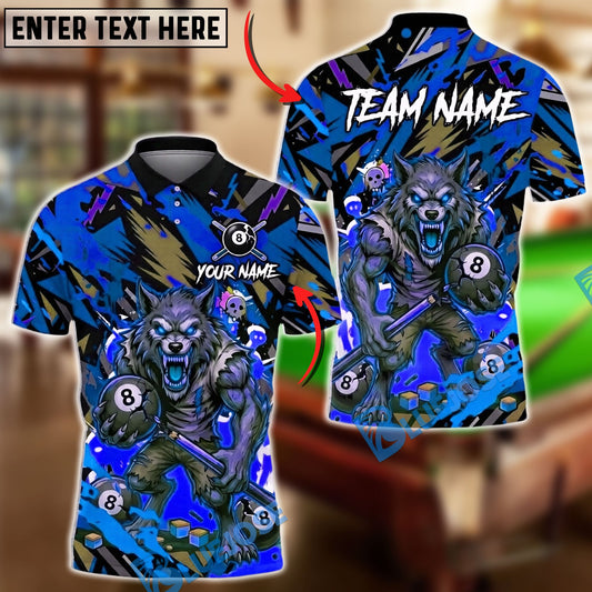 BlueJose Billiards 8 Ball Angry Wolf Cue Stick Chaos Graphic Personalized Name Shirt (4 Colors)