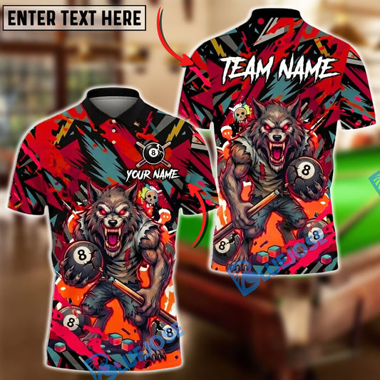 BlueJose Billiards 8 Ball Angry Wolf Cue Stick Chaos Graphic Personalized Name Shirt (4 Colors)