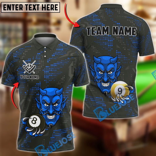 BlueJose Billiards Devil 8 & 9-Ball Design Personalized Name Shirt (4 Colors)