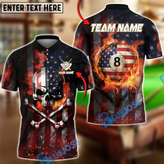BlueJose Billiards Skull American Flag Fire Ball 8 Graphic Personalized Shirt