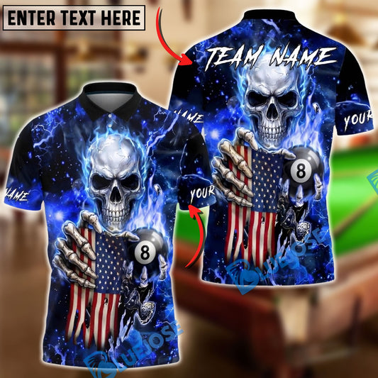 BlueJose Billiards Skull American Flag 8 Ball Dark Lightning Personalized Name Shirt (6 Colors)