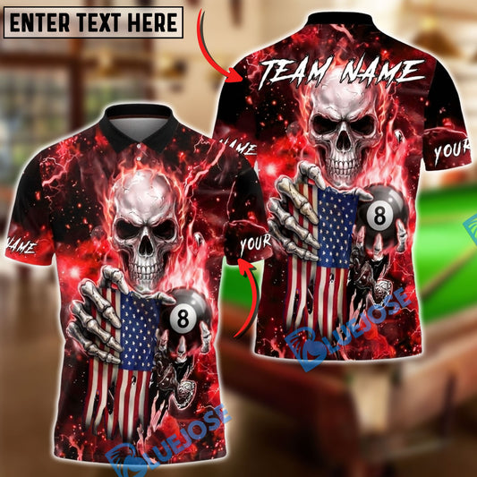 BlueJose Billiards Skull American Flag 8 Ball Dark Lightning Personalized Name Shirt (6 Colors)