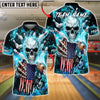 BlueJose Bowling & Pins American Flag Skull Strike Electric Blue Lightning Customized Name, Team Name 3D Shirt (6 Colors)