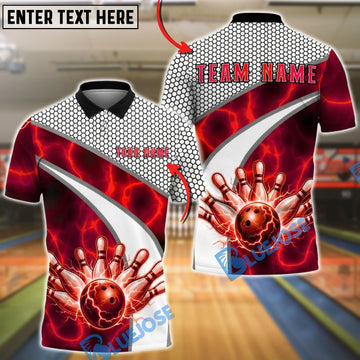 BlueJose Bowling & Pins Lightning Ball Strike Graphic Customized Name, Team Name 3D Shirt (4 Colors)