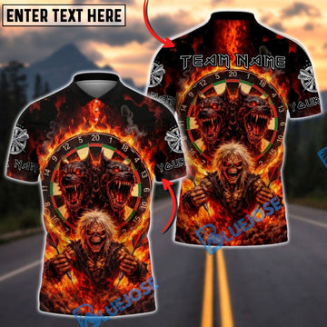 BlueJose Darts Skull Hellhound Flaming Dartboard Gothic Horror Personalized Name, Team Name Unisex Shirt (4 Colors)