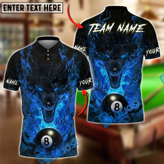 BlueJose Billiards 8 Ball Wolf Fire Inferno Personalized Name, Team Name Unisex Shirt (4 Colors)