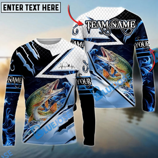 Bluejose Pike Fishing Splash Blue Water Hook Scratch Sport Custom Name & Team Name 3D Shirts