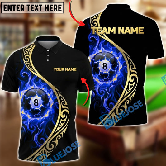 BlueJose Billiards 8 Ball Golden Tribal Fire Personalized Name, Team Name Unisex Shirt (4 Colors)