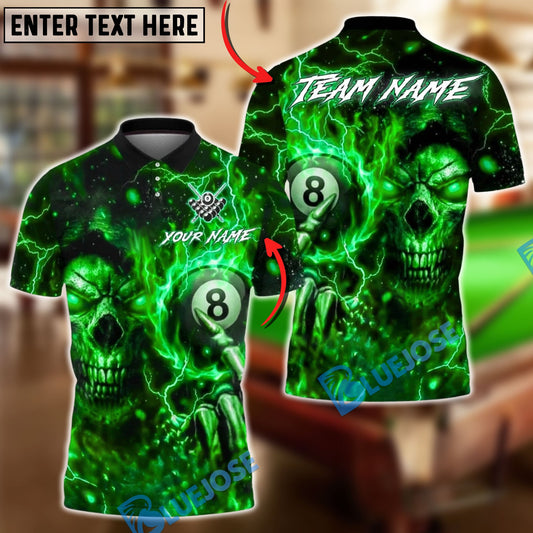BlueJose Billiards 8-Ball Skull Lightning Customized Name, Team Name 3D Shirt (4 Colors)