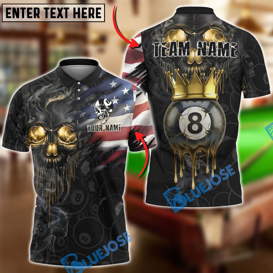 BlueJose Billiards 8-Ball Skull American Flag Crowning Melting Gold Personalized Shirt