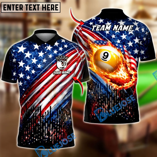 BlueJose Billiards USA Flag Flaming 9 Ball Crown King Pool Design Personalized Shirt