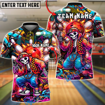 BlueJose Bowling And Pins Street Style Skeleton  Strike Explosion Graffiti Art Customized Name, Team Name 3D Shirt