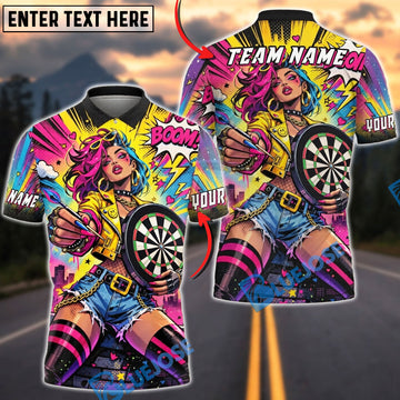 BlueJose Darts Pop Art Girl Player Neon Comic Style  Personalized Name Shirt