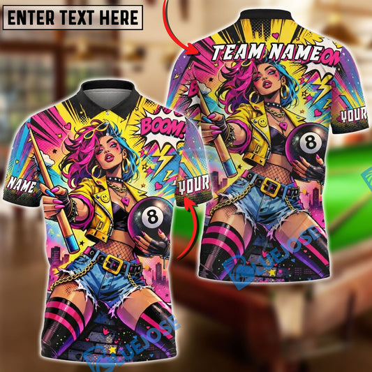 BlueJose Billiards Pop Art Girl 8 Ball Neon Comic Style Personalized Shirt