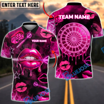 BlueJose Darts Sexy Neon Lips Dartboard Gambling Theme Personalized Name, Team Name Unisex Shirt (4 Colors)