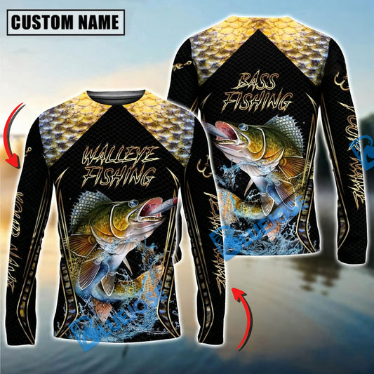 Bluejose Golden Walleye Fishing Jumping Design Custom Name & Team Name 3D Shirts
