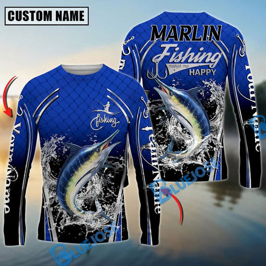 Bluejose Silver Marlin Fishing Makes Me Happy Splashing Water Custom Name & Team Name 3D Shirts