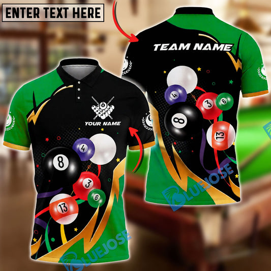 BlueJose Billiards 8-Ball Colorful Pool Balls Motion Graphic Customized Name, Team Name 3D Shirt (4 Colors)