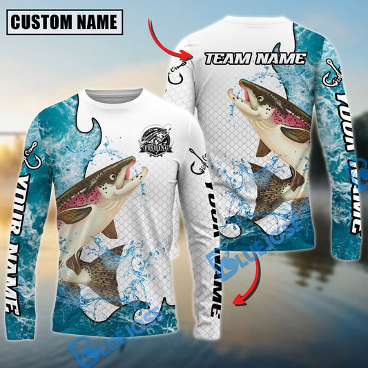 Bluejose Salmon Fishing Dynamic Water Splash Scale Pattern Custom Name & Team Name 3D Shirts