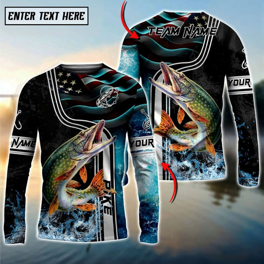 Bluejose Pike Jumping Fish American Flag Wave Splash Custom Name & Team Name 3D Shirts
