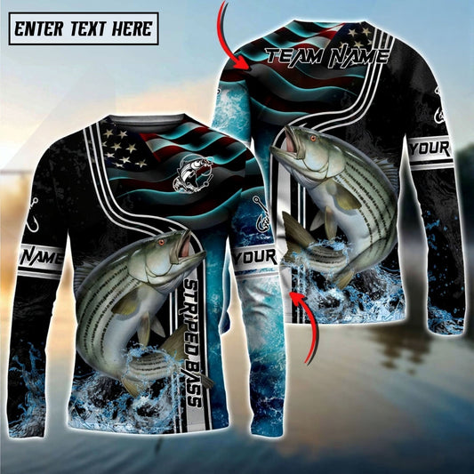Bluejose Striped Bass Jumping Fish American Flag Wave Splash Custom Name & Team Name 3D Shirts