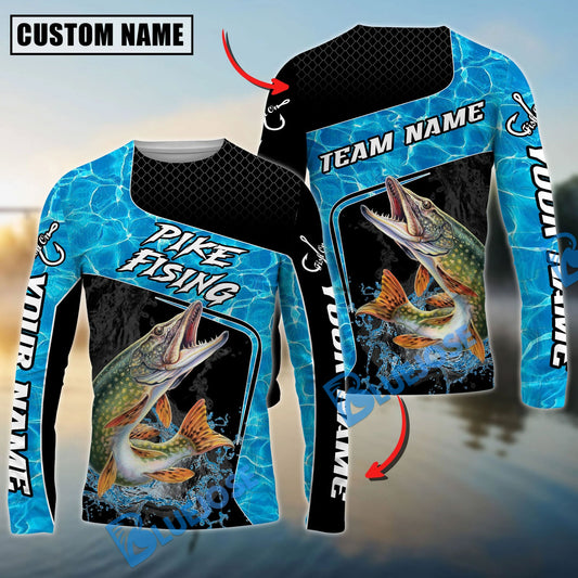 Bluejose Pike Fishing Jumping Water Splash Art Custom Name & Team Name 3D Shirts