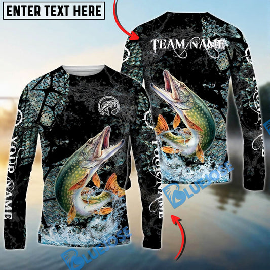 Bluejose Pike Fishing Dark Water Art Style Custom Name & Team Name 3D Shirts