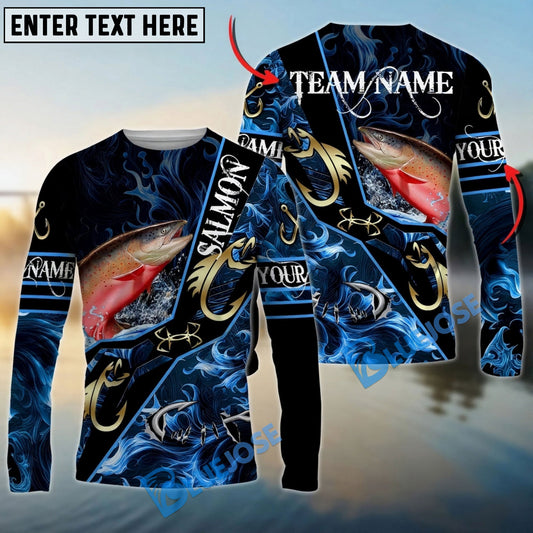 Bluejose Salmon Fishing Realistic Jumping Blue Water Flame Golden Hooks Custom Name & Team Name 3D Shirts