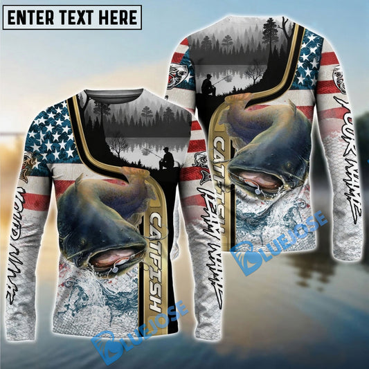 Bluejose Catfish Fishing Giant Fish Water Splash American Flag Landscape Custom Name & Team Name 3D Shirts