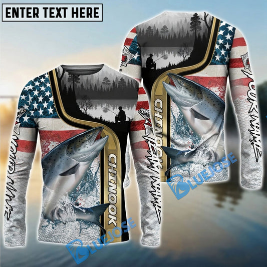 Bluejose Chinook Salmon Fishing Giant Fish Water Splash American Flag Landscape Custom Name & Team Name 3D Shirts