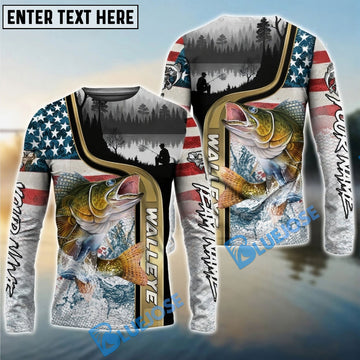Bluejose Walleye Fishing Giant Fish Water Splash American Flag Landscape Custom Name & Team Name 3D Shirts