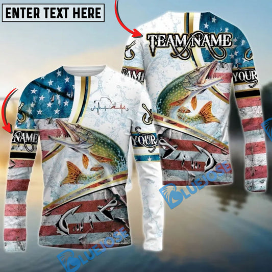 Bluejose Pike Fishing USA Flag Dynamic Splash Custom Name & Team Name 3D Shirts