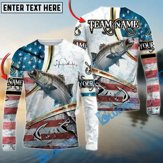 Bluejose Striped Bass Fishing USA Flag Dynamic Splash Custom Name & Team Name 3D Shirts
